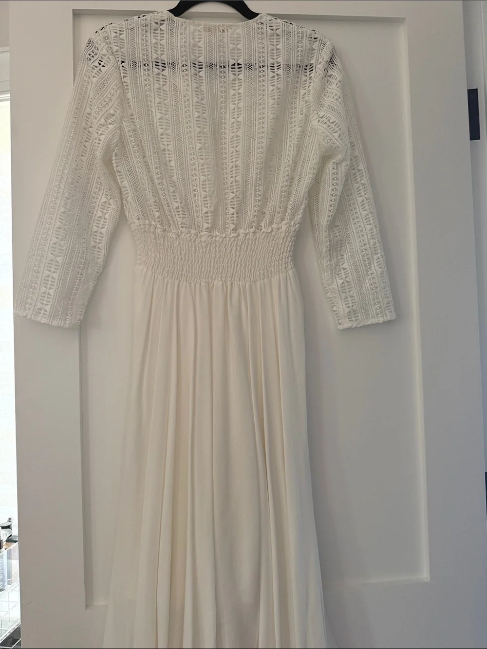 Maje White Lace Bodice Smocked Waist Midi Dress